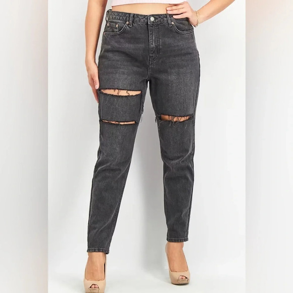 Topshop High Waisted Mom Black Jeans Size 26W Distressed Moto Grunge Casual - Picture 1 of 6
